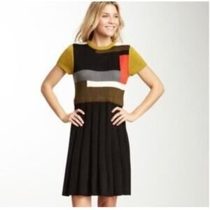 3. Vince Camut Color Block Pleated Fit & Flare Dress Black, Mustard XS